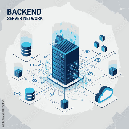 Isometric illustration of a backend server network with interconnected databases, cloud storage, and data flow visualization.