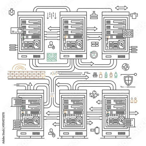 A complex network diagram illustrating interconnected servers, data flow, security measures, and user access within a modern IT infrastructure.