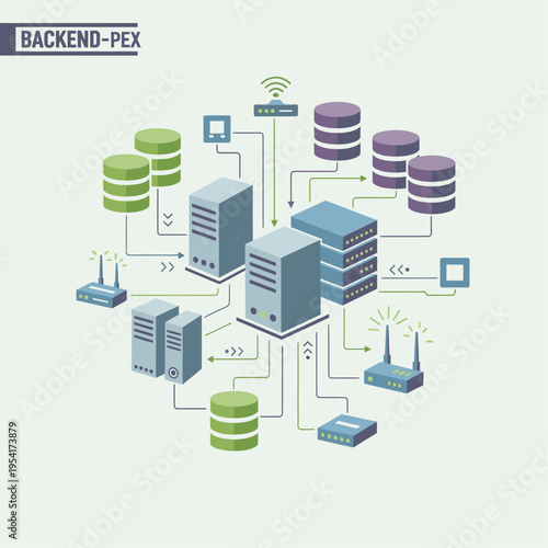 A complex network diagram illustrating backend server infrastructure with interconnected databases, routers, and computers, representing data flow and connectivity.