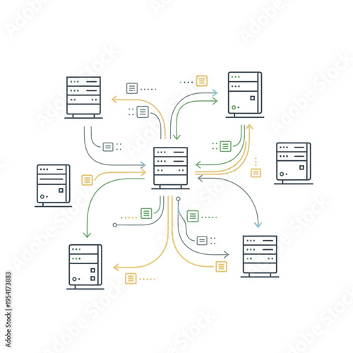 Central server connected to multiple distributed servers with data flow arrows, illustrating a network architecture.