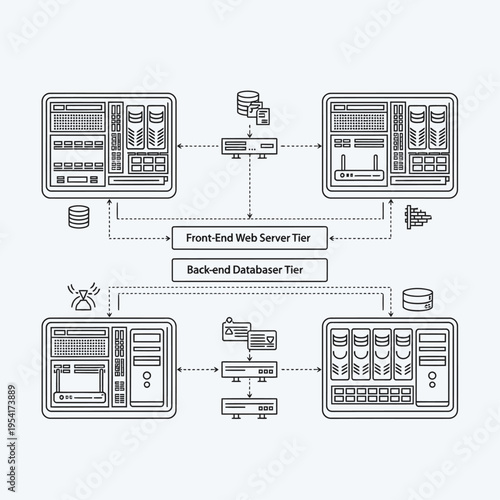 Diagram illustrating a multi-tiered web application architecture with front-end web servers and back-end database servers.