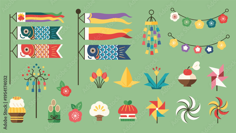 Fototapeta premium Large collection of colorful icons and symbols related to Japanese Childrens Day festival including koinobori carp streamers.
