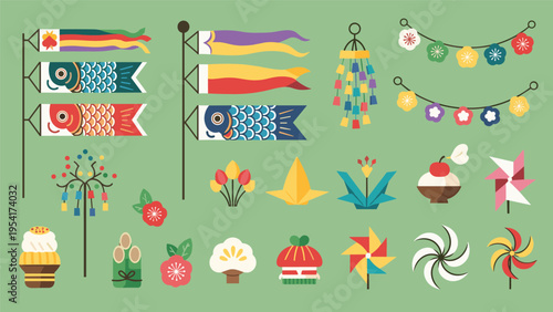 Large collection of colorful icons and symbols related to Japanese Childrens Day festival including koinobori carp streamers.