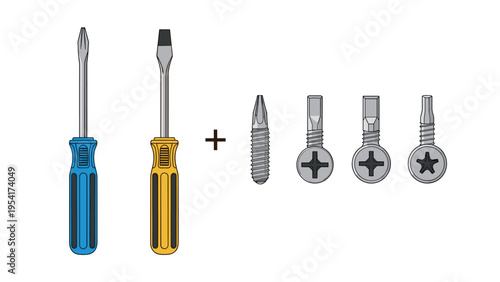 Two screwdrivers shown with multiple types of metal screw bits representing a versatile tool set for repairs and construction.