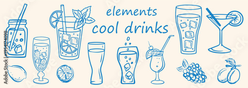 Hand drawn vector set of various cool drinks . Sketch cool drinks set. Various cool drinks drawn with lines. summer cool drink elements . Vector illustrations