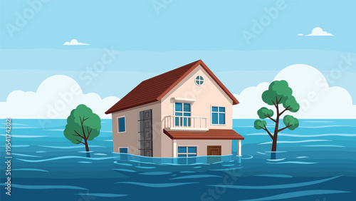 Large two story residential house stranded in deep blue flood waters under a clear sky after a severe natural disaster.