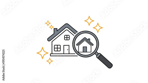 Real estate house icon with a magnifying glass searching for properties and sparkling stars representing high quality listings.