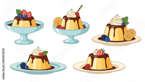 Collection of delicious caramel custard puddings topped with chocolate sauce and various fresh fruits on decorative plates.