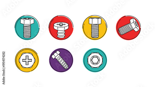 Set of various screw heads and bolt icons in different colors illustrating hardware components for engineering and construction.