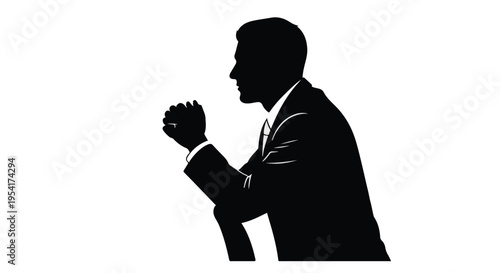 Businessman silhouette in suit praying or deep in thought with clasped hands in formal attire on white background