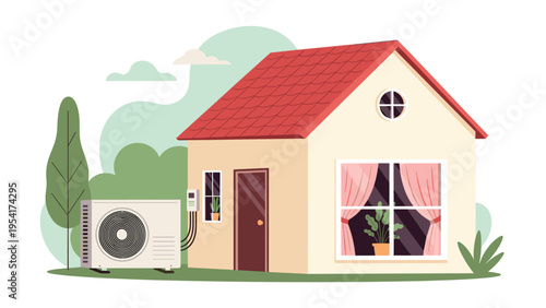 Residential house exterior showing an outdoor air conditioning unit installed next to the building for climate control and comfort.