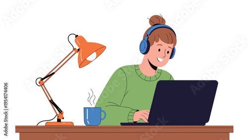 Happy young woman wearing headphones working on a laptop at a desk with a lamp and a steaming cup of coffee or tea.