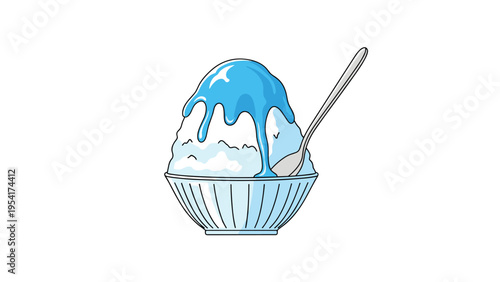 Traditional bowl of shaved ice dessert topped with blue syrup and a silver spoon for a refreshing summer treat illustration.