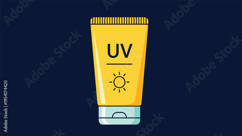 Tube of yellow sun protection cream with UV text and a sun icon against a dark background for summer skincare marketing.