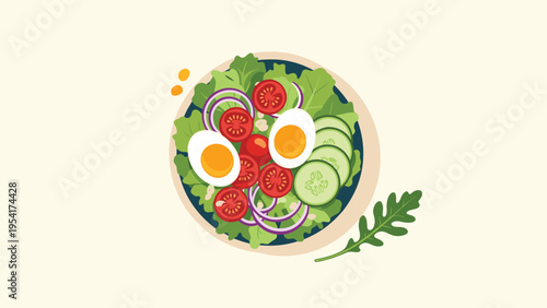Top down view of a healthy salad bowl filled with fresh lettuce tomatoes cucumbers red onions and hard boiled egg slices.