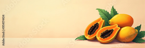 Ultra wide illustration of a pile of fresh papayas arranged on the right side with soft watercolor background and large copy space, ideal for healthy food ads, menus, and header banners