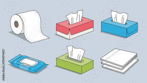 Assorted personal hygiene products including toilet paper rolls tissue boxes wet wipes and folded napkins for daily cleaning.