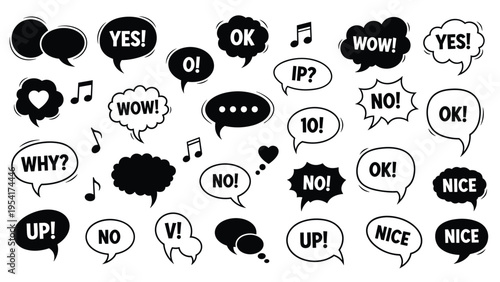 Large collection of black and white speech bubbles with various expressions and symbols for comic style communication designs.
