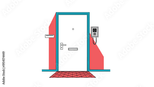 Front entrance of a modern apartment or house featuring a white door with a mailbox intercom and doorbell security system.