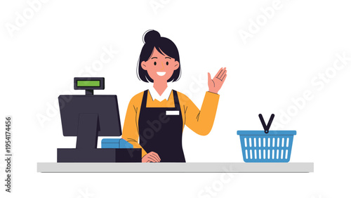Friendly female supermarket cashier waving while standing behind a checkout counter with a cash register and shopping basket.