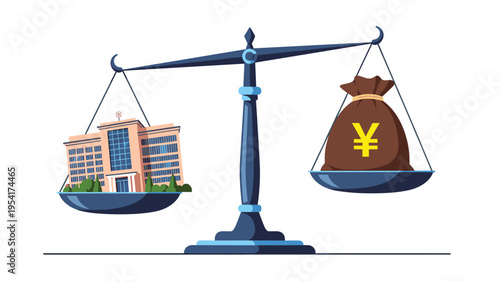 Legal scale of justice weighing a large government or office building against a heavy bag of money representing financial value.