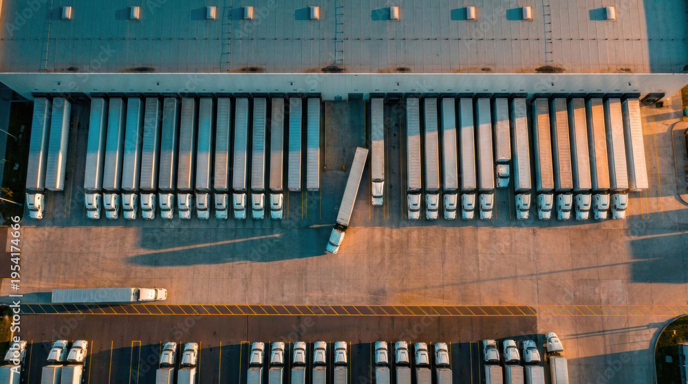 Obraz premium Direct top view of dozens of white semi trucks and trailers parked in neat rows at loading docks of a massive logistics warehouse center during dramatic sunset.
