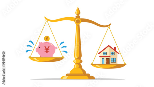 Golden balance scale weighing a pink piggy bank with coins against a small house for home savings and mortgage concepts.