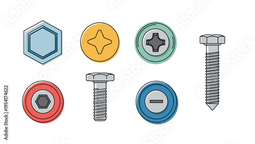 Collection of screw heads and bolts including side and top views in colorful circles for hardware and mechanical parts.