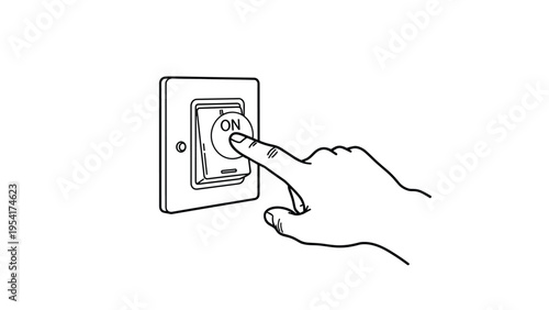 Human hand uses a finger to press the on button of a white wall light switch in a clean and minimal line art illustration.