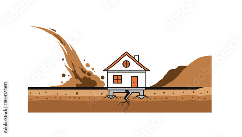 House on a hill is threatened by a sudden mudslide and ground cracks during a natural disaster event in a flat vector style.
