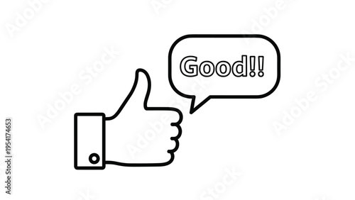 Thumbs up gesture icon accompanied by a speech bubble saying good with double exclamation marks in a simple line art style.