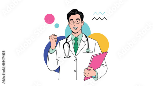 Friendly male doctor in a white lab coat holding a pink medical clipboard and pumping his fist in celebration of a success.
