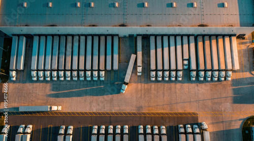 Direct top view of dozens of white semi trucks and trailers parked in neat rows at loading docks of a massive logistics warehouse center during dramatic sunset.