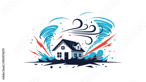 Residential house being battered by multiple tornadoes, strong winds, and lightning strikes during a severe weather storm.