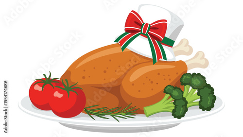 Whole roasted turkey served on a white plate with tomatoes, broccoli, rosemary, and a festive chef hat for a holiday celebration.