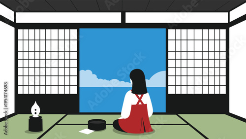Woman in a red apron sitting in a traditional Japanese room and gazing out at the calm blue sea through a large open sliding door.