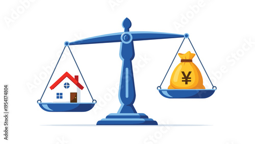 Large blue balance scale weighing a red-roofed house against a yellow bag of money marked with a yen symbol in flat vector style.