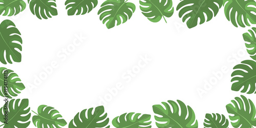 Frame with tropical monstera leaves on isolated background. Elegant botanical border with copy space, perfect for invitations, posters, social media designs and summer themed graphics. 