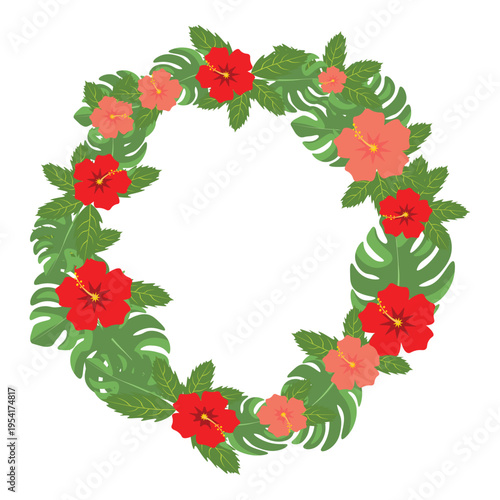 Tropical vector wreath with monstera leaves hibiscus flowers. Bright botanical composition perfect for invitations, wedding designs, summer graphics decorative elements. Copy space for text or design