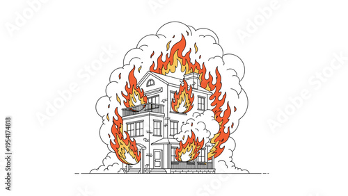 Large residential building engulfed in bright orange flames and heavy grey smoke during a serious structure fire incident.