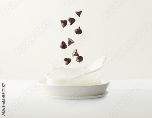 Sweet chocolate chips dropping into a dynamic splash of fresh white milk, clean studio tones, baking ingredient spotlight for culinary industry and dessert blogs