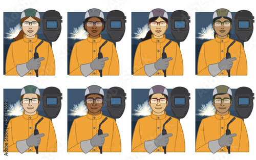 diversity, race, ethnicity of welder vector icons, male and female, wearing protective clothing and leather gloves, holding a welding torch, including welding helmet, isolated on a white background