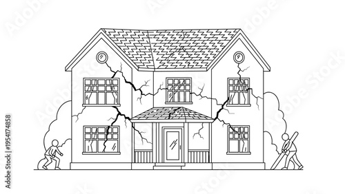 Large house with severe cracks and damage being inspected by workers as a representation of earthquake impact or structural failure.
