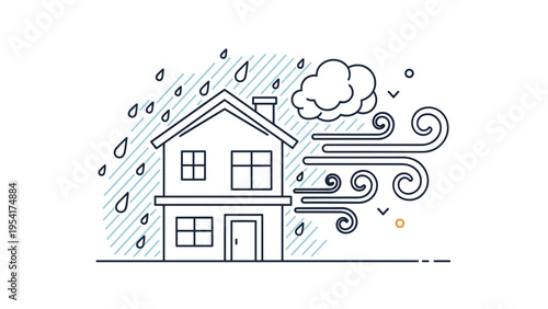 Simple line drawing of a two-story house facing heavy rain and swirling wind gusts representing bad weather and storm protection.