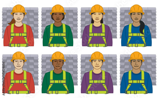 diversity, race, ethnicity of stone mason vector icons, male and female, wearing hard hat and safety harness, including shingled roof, isolated on a white background