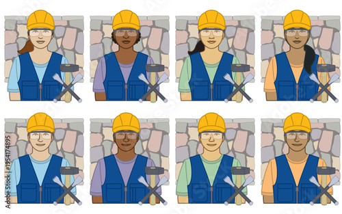 diversity, race, ethnicity of stone mason vector icons, male and female, wearing hard hat and overalls, including stone wall, isolated on a white background