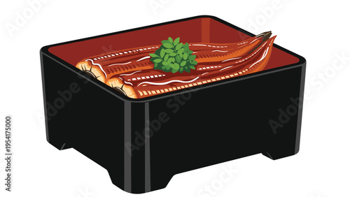 Traditional Japanese grilled eel or unagi served over rice in a black and red lacquer box garnished with a sprig of green herbs.
