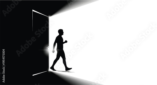 Silhouette of man walking through doorway into bright light, symbolizing opportunity, success, and new beginnings in a modern and sleek environment