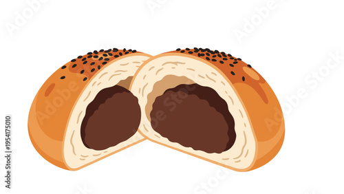 Japanese sweet bread roll known as anpan sliced in half to reveal a generous filling of dark red bean paste inside the soft bun.