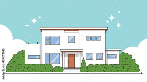 Large modern two-story house with a flat roof and numerous windows surrounded by neatly trimmed green bushes under a sunny sky.